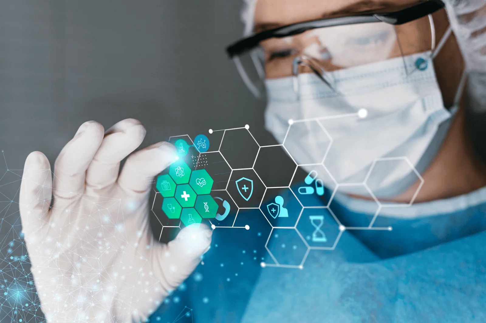 Healthcare professional with medical technology graphics